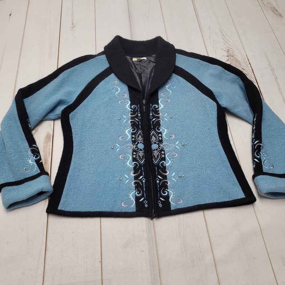 Vintage Carson wool coat zip up embroidered winter art Icelandic